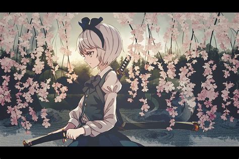 Cherry Blossoms Dise Flowers Gray Hair Headband Katana Konpaku Youmu