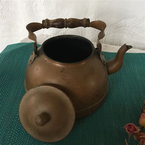 Antique Copper Tea Kettle With Wooden Fancy Bent Handle And Etsy