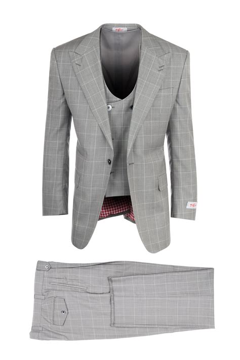 Luca Light Gray With Cream Windowpane Pure Wool Wide Leg Suit And Vest