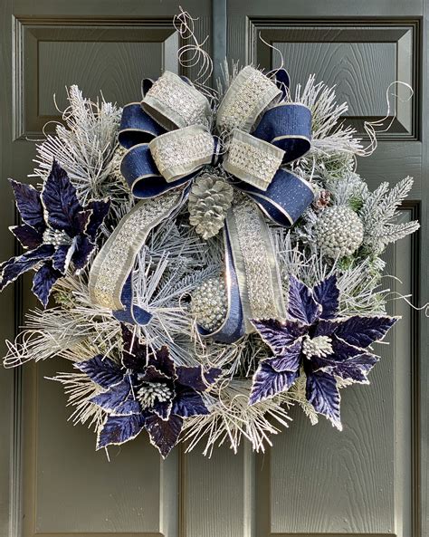 Navy Winter Wreath For Front Door Elegant Christmas Wreath Etsy
