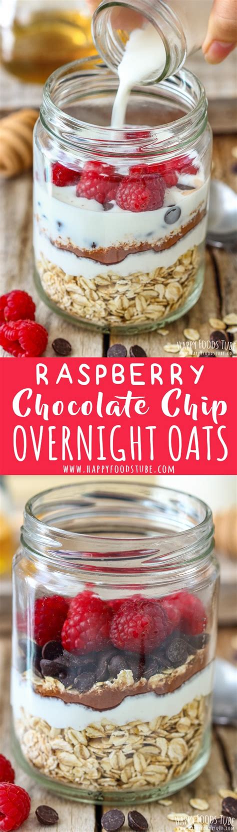 After the overnight oats have been chilled, top them with fresh fruits, nuts, coconut, almond butter, or anything your heart desires. Raspberry Chocolate Chip Overnight Oats - Happy Foods Tube