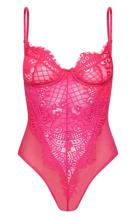 Hot Pink Floral Lace Mesh Body Lingerie Prettylittlething