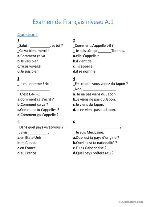 Examen De Français A1 Compréhension Français Fle Fiches Pedagogiques Pdf And Doc
