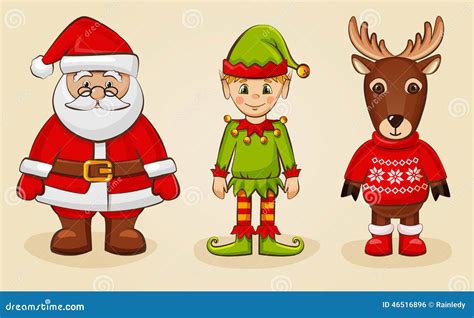 Christmas Characters Santa Elf And Reindeer Vector Set Stock Vector