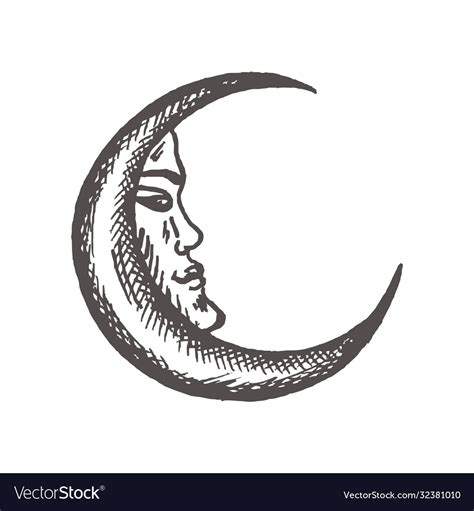 Crescent Moon In Antique Style Hand Drawn Vector Image