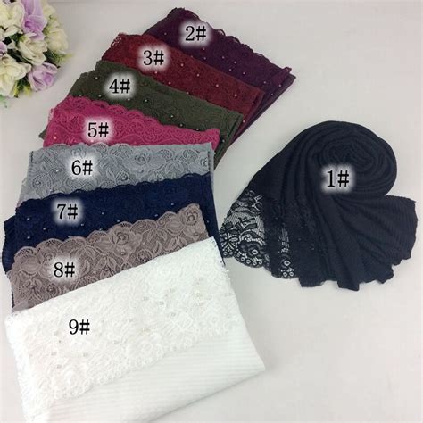 wrinkle plain ripples cotton scarf lace flower with pearls scarves muslim hijab wraps women