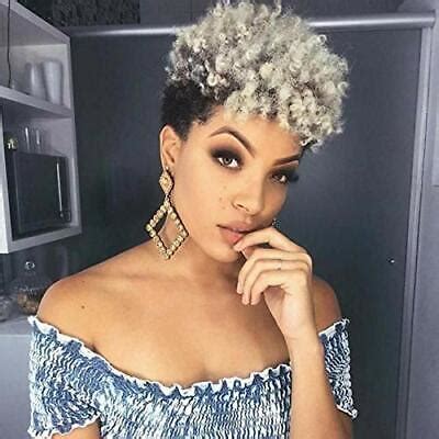 Short Afro Kinky Curly Synthetic Wigs Grey Mixed Black Pixie Cut Wig