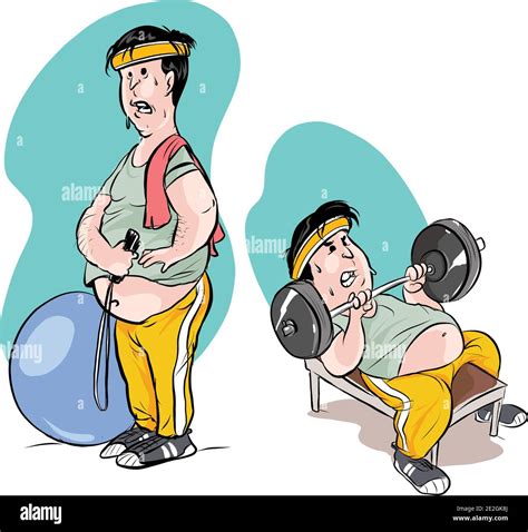 Fat Man Is Engaged In Fitness The Overweight Guy Does Exercises With