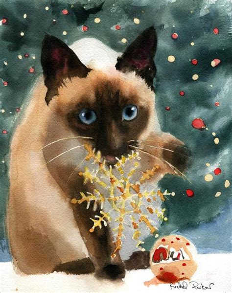 Christmas Siamese Cat Art Print Of A Watercolor Painting Big