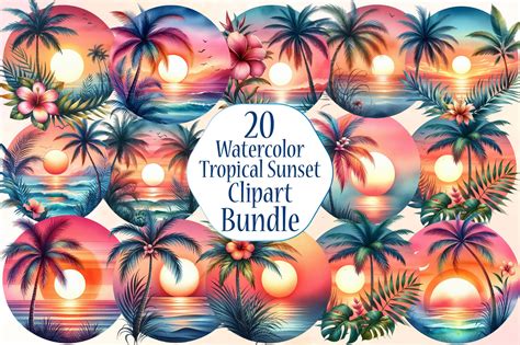 Watercolor Tropical Sunsets Palm Flower Graphic By Watercolourcraft · Creative Fabrica