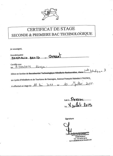 Certificat De Stage