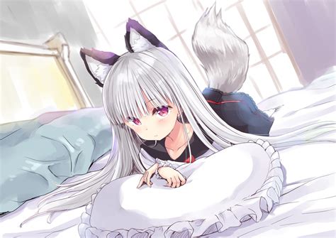 Anime Blush Gray Hair Long Hair Animal Ears Bed Socks Cat Girl