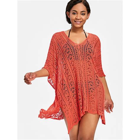 Rosegal Asymmetric Knitted Beach Cover Up Sexy Women Mesh Cover Up V