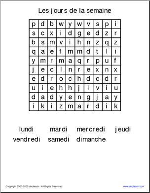 Word Search: Les jours de la semaine (French-Days of Week) – Abcteach