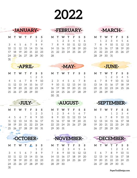 2022 Monday Start Calendar One Page Paper Trail Design In 2021