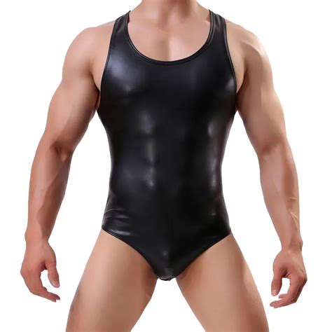 Men Sexy Bodysuits Faux Leather Erotic Jumpsuit Club Stage Costume Pu