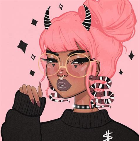 A Drawing Of A Woman With Pink Hair Wearing Glasses And Monster Horns