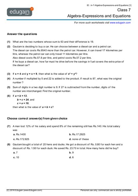 Algebraic reasoning permeates all of mathematics and is about describing patterns of. Grade 7 - Algebra-Expressions and Equations | Math Practice, Questions, Tests, Worksheets ...