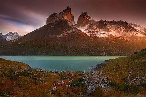 Sunrise Over The Cuernos In Torres Del Paine National Park Lake