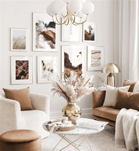 Harmonious gallery wall beige living room abstract nature posters ...