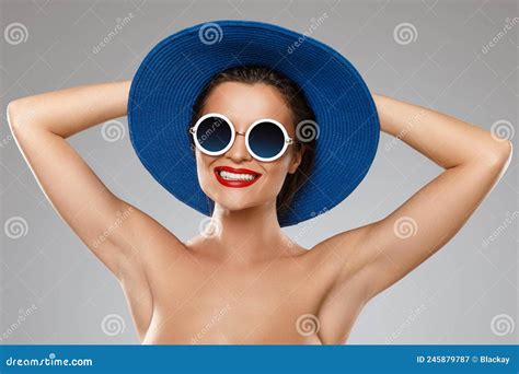 Beautiful Woman Wearing Blue Hat And Sunglasses Is Ready For Vacation Stock Image Image Of