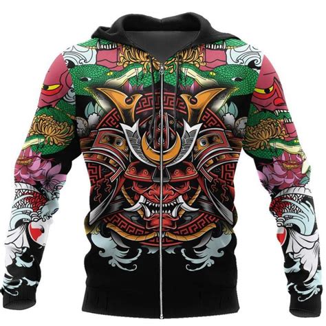 Samurai Hemlet With Oni Mask Tattoo 3d Over Printed Hoodie For Men And