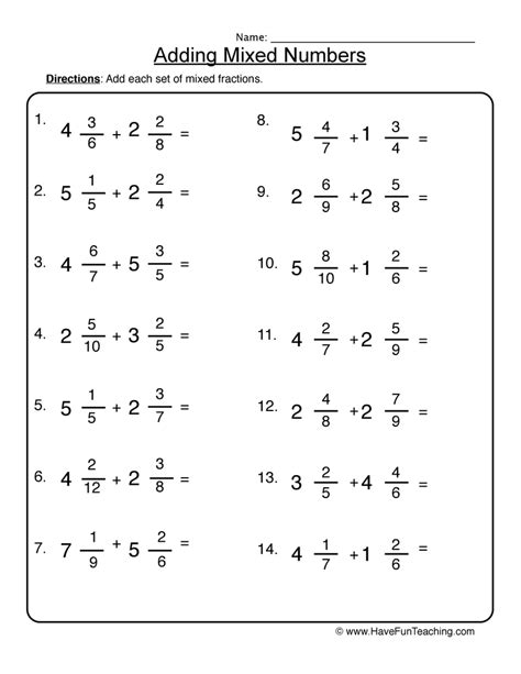 Addding Mixed Numbers Worksheet