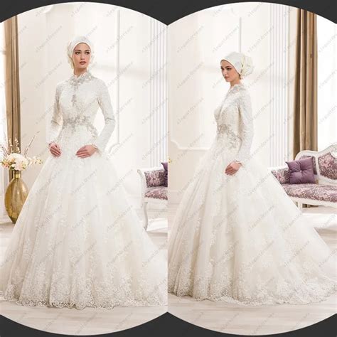 White Lace High Neck Long Sleeve Islamic Wedding Dress With Sleeves