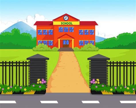 Edificio De La Escuela De Dibujos Animados Con Patio Verde Vector