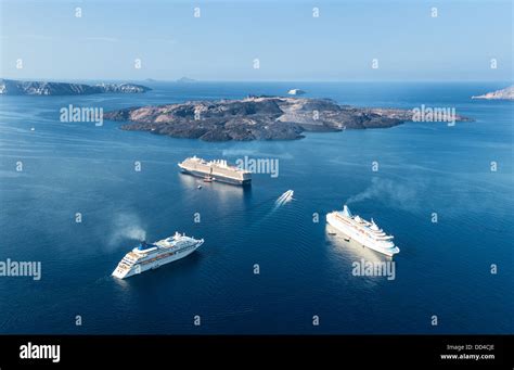 Greece Santorini Cruise Ship In The Caldera Sea Area Seen From The