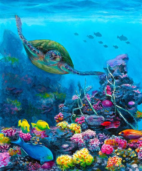Secret Sanctuary Hawaiian Green Sea Turtle And Reef Painting By Karen
