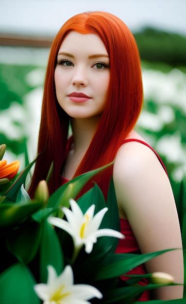 Premium Ai Image A Girl With Red Hair Stands In A Field Of Flowers