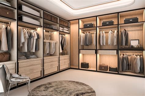 premium photo 3d rendering minimal loft luxury wood walk in closet with wardrobe