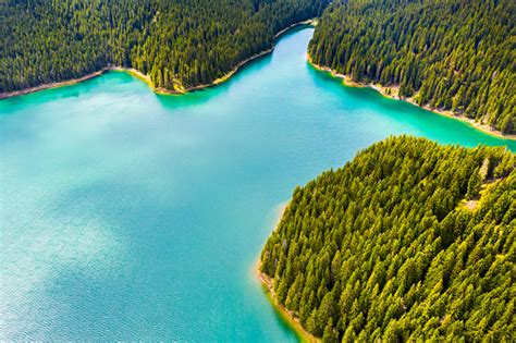 Mountain Forest Lake Landscape Aerial View View On The Turquoise Color