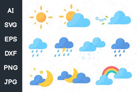 Cute Weather Icon Set Sun Cloud Rainbow Svg File 974375 Icons