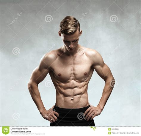 Strong Athletic Man Fitness Model Torso Showing Six Pack Abs Stock