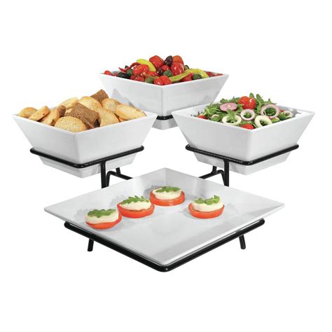Four Tier Buffet Server With Diamond Platter And 3 Square Bowls 19 12l