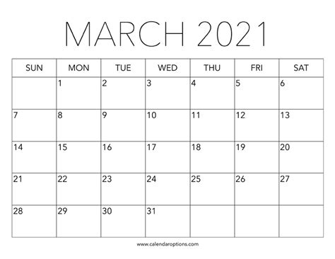 Printable March 2021 Calendar Calendar Options