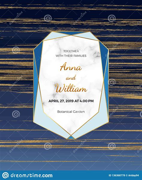 Wedding Invitation Card With Blue And Golden Glitter Liquid Marble