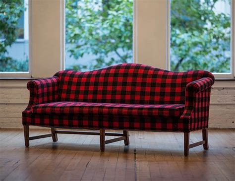 Vintage Camelback Sofa In Wool Buffalo Plaid Retro Black And Red Couch