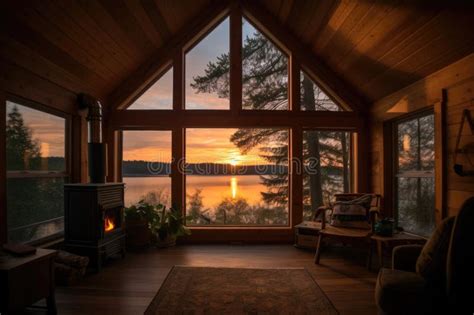 Cozy Cabin Retreat With View Of Sunset Over The Lake Stock Image