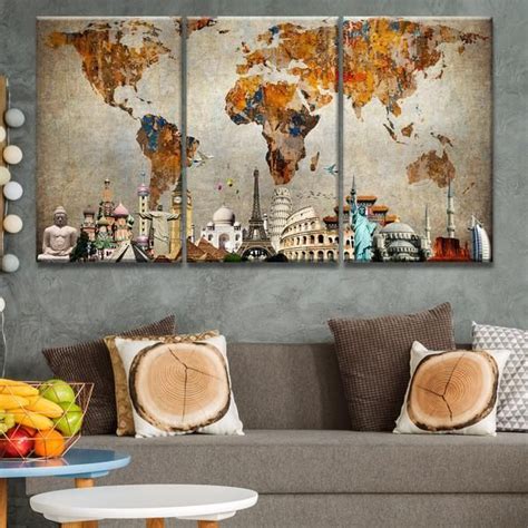 Colorful World Map Masterpiece Multi Panel Canvas Wall Art Wall