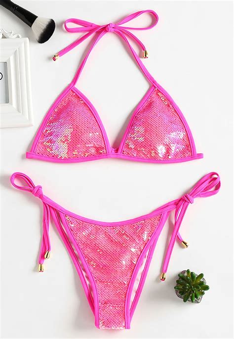 stand out from the crowd in this sequin sparkly bikini set pre styled as a set comprising a