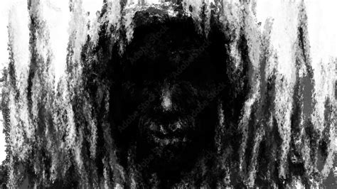 Hellish Demon Face In Hood Black And White Background Illustration In