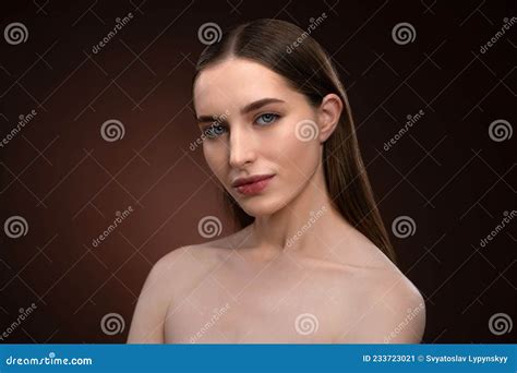 Standing Half Turned Natural Beauty Woman With No Make Up Face Portrait Healthy Pure Skin Model