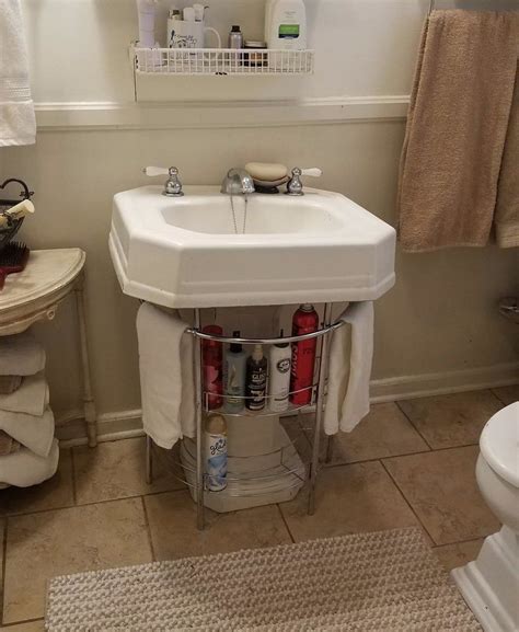 Gain Extra Storage Around Your Cabinet Less Pedestal Sink With A Rolling Organizer Bathroom