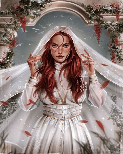 A Painting Of A Woman Wearing A White Dress And Veil With Red Hair