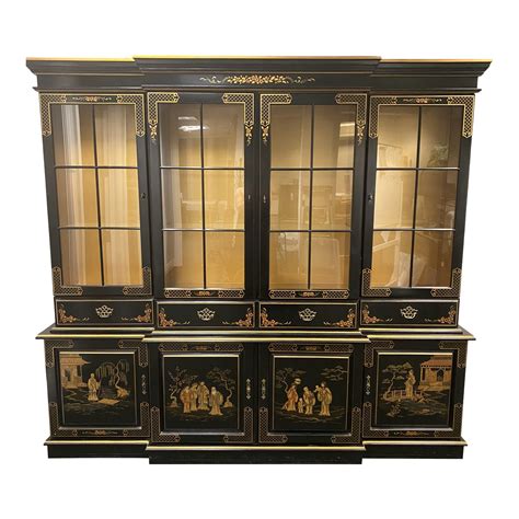 Vintage Chinoiserie Black Lacquered China Cabinet Breakfront Chairish