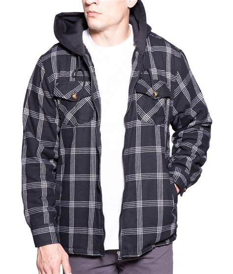 Flannel Hooded Jackets For Mens Zip Up Plaid Heavy Quilted Shirts