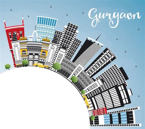 Gurgaon And India City Skyline Set With Color Buildings Stock